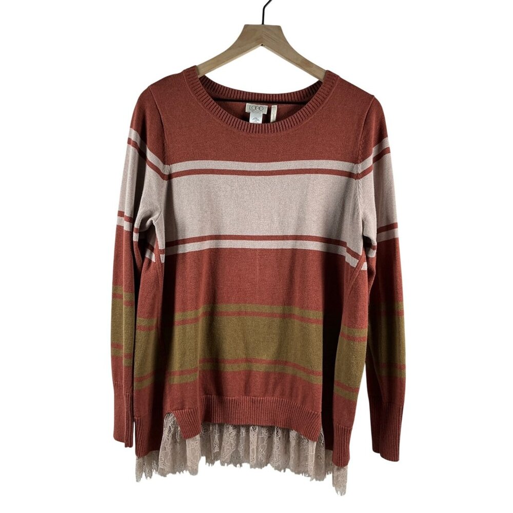 LOGO by Lori Goldstein Women’s Striped Pullover Sweater with Lace Hem- Size L